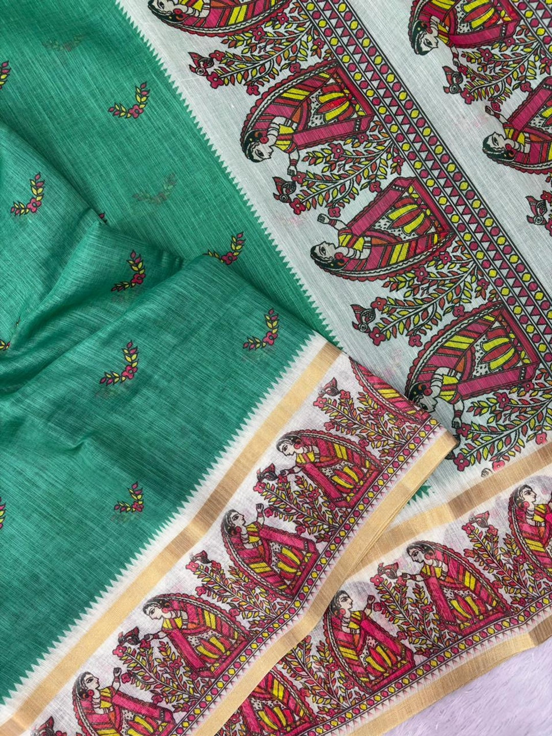 Peachmode Green Ethnic Printed Linen Cotton Saree - Image 5
