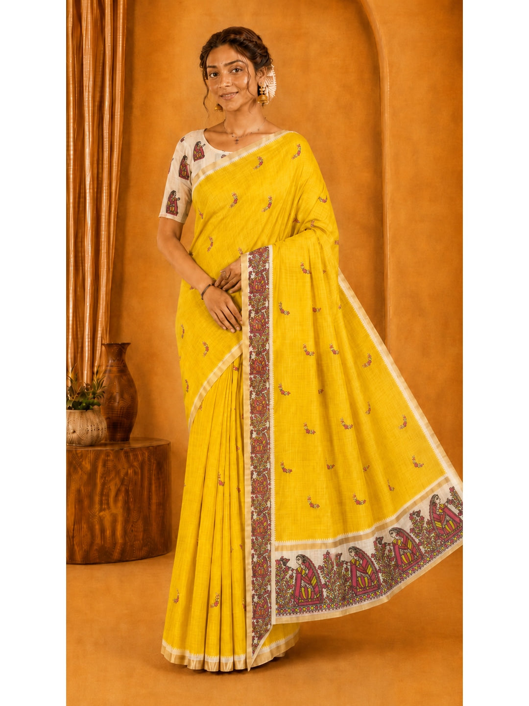Peachmode Yellow Ethnic Printed Linen Cotton Saree - Image 1