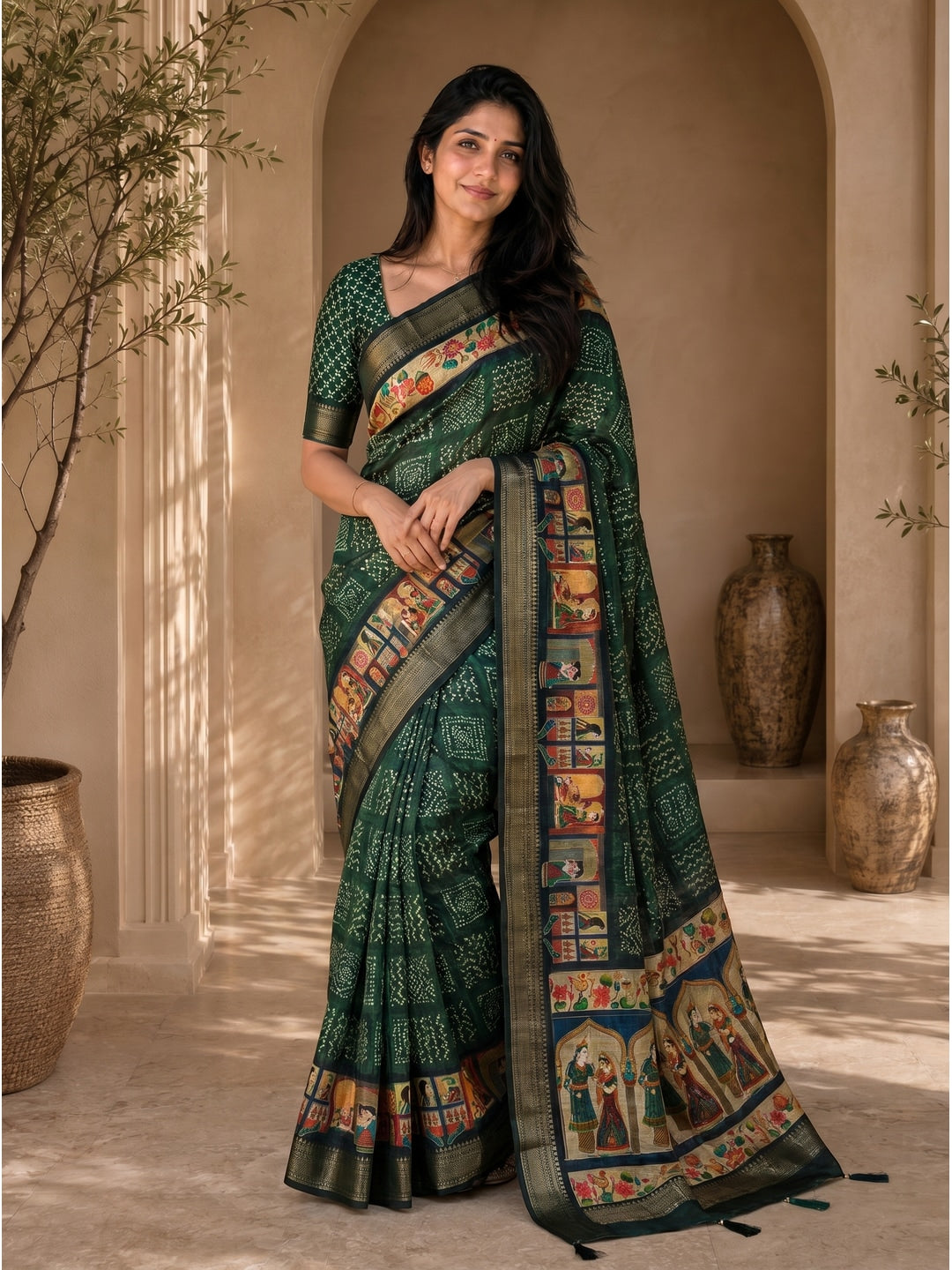 Peachmode Green Dola Silk Position Digital Print Saree - Image 1