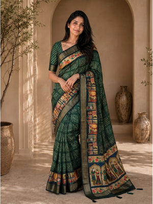 Peachmode Green Dola Silk Position Digital Print Saree - Image 1