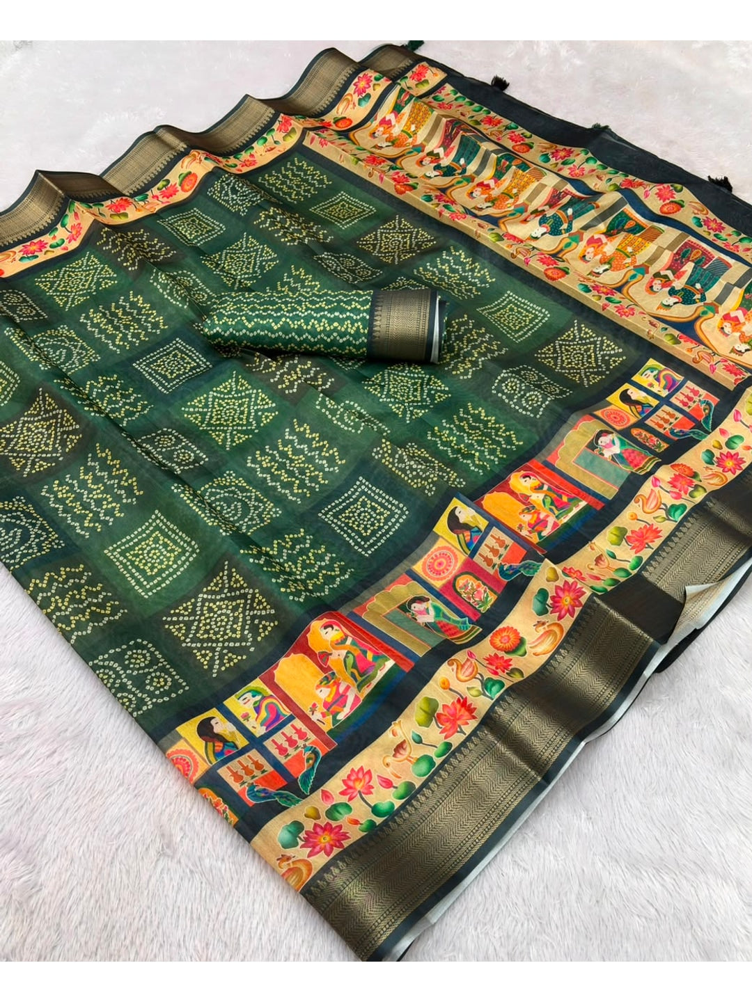 Peachmode Green Dola Silk Position Digital Print Saree - Image 5