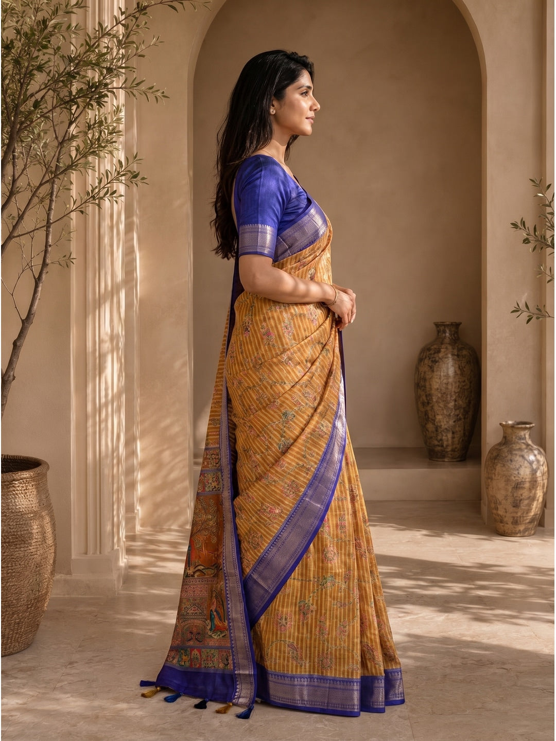Peachmode Mustard Dola Silk Position Digital Print Saree - Image 4