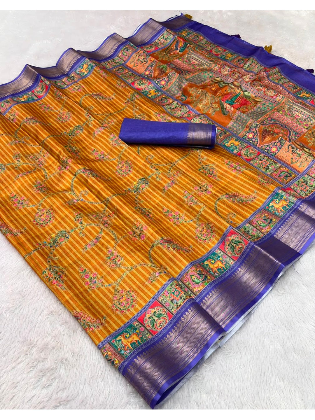 Peachmode Mustard Dola Silk Position Digital Print Saree - Image 5