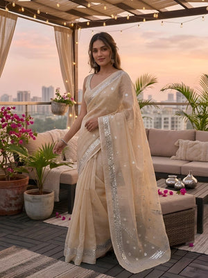 Peachmode Cream Kota Doriya Gota Patti Saree - Image 2