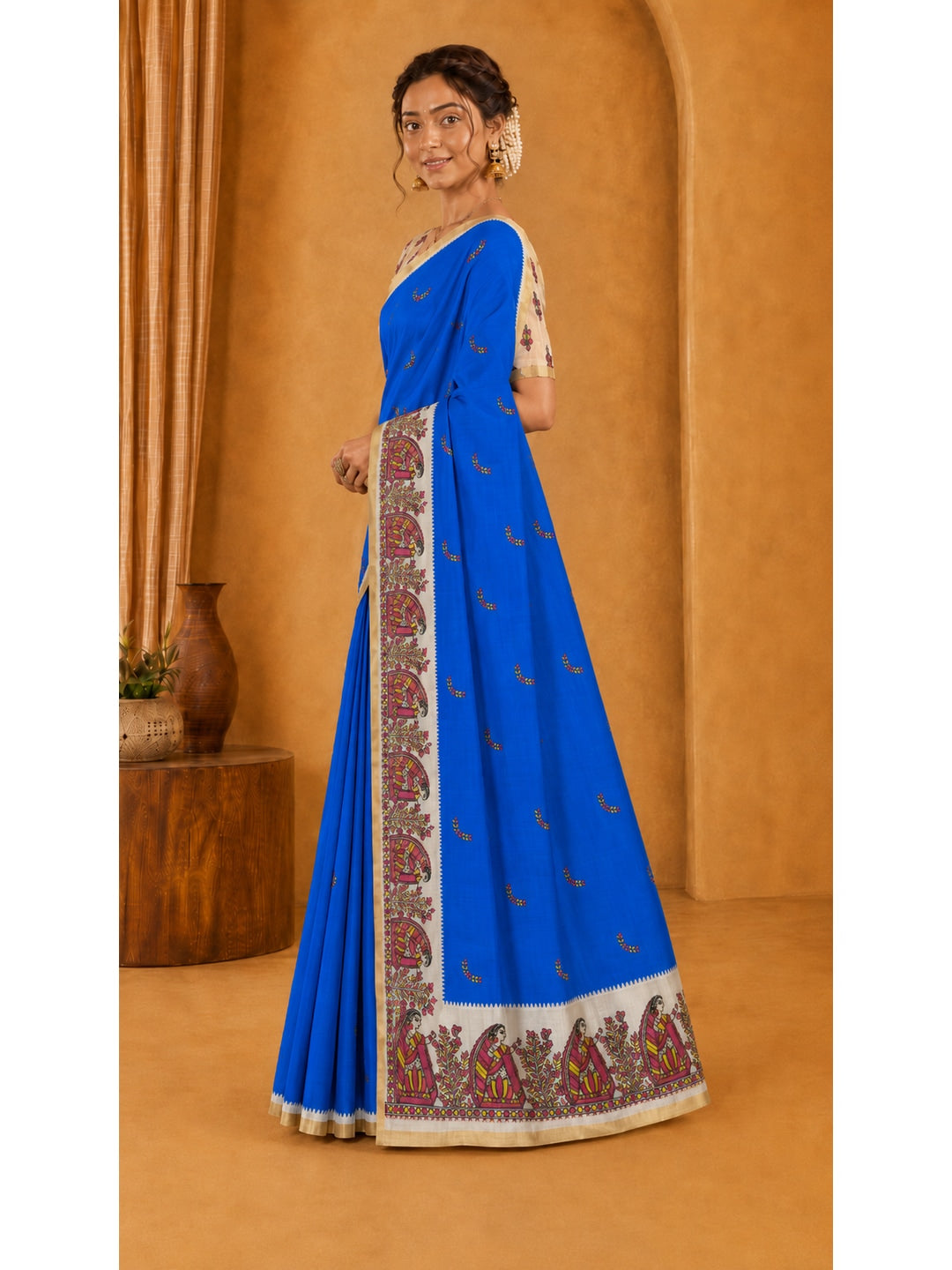 Peachmode Purple Ethnic Printed Linen Cotton Saree - Image 3