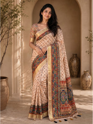 Peachmode Beige Dola Silk Position Digital Print Saree - Image 1