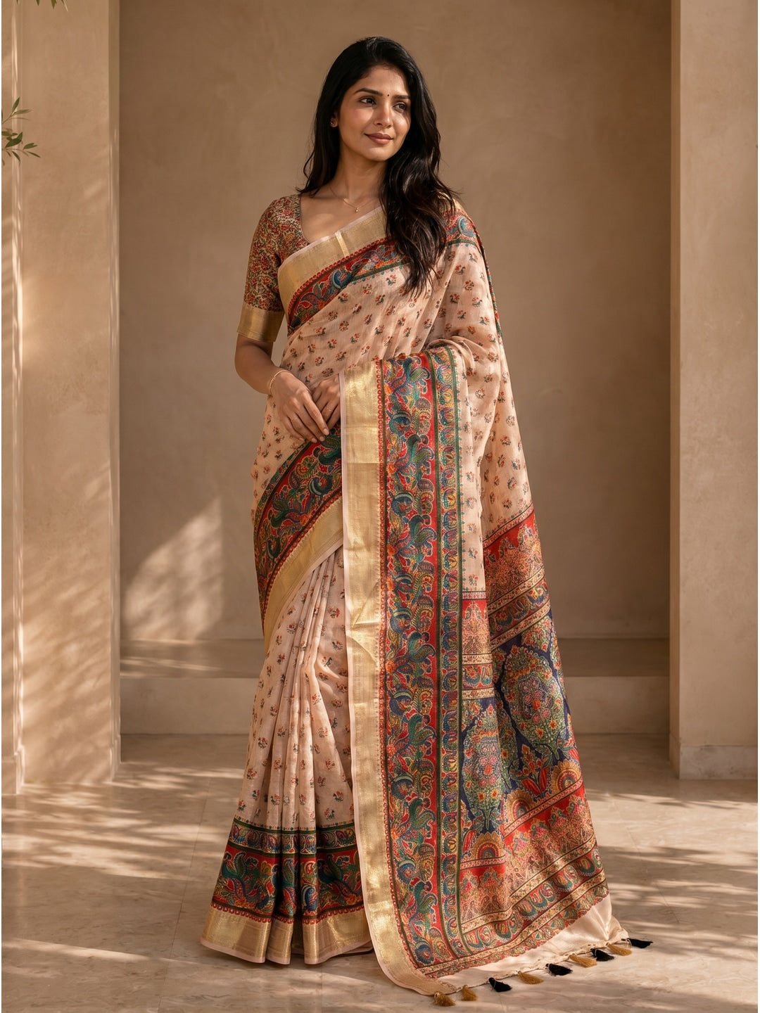 Peachmode Beige Dola Silk Position Digital Print Saree - Image 3