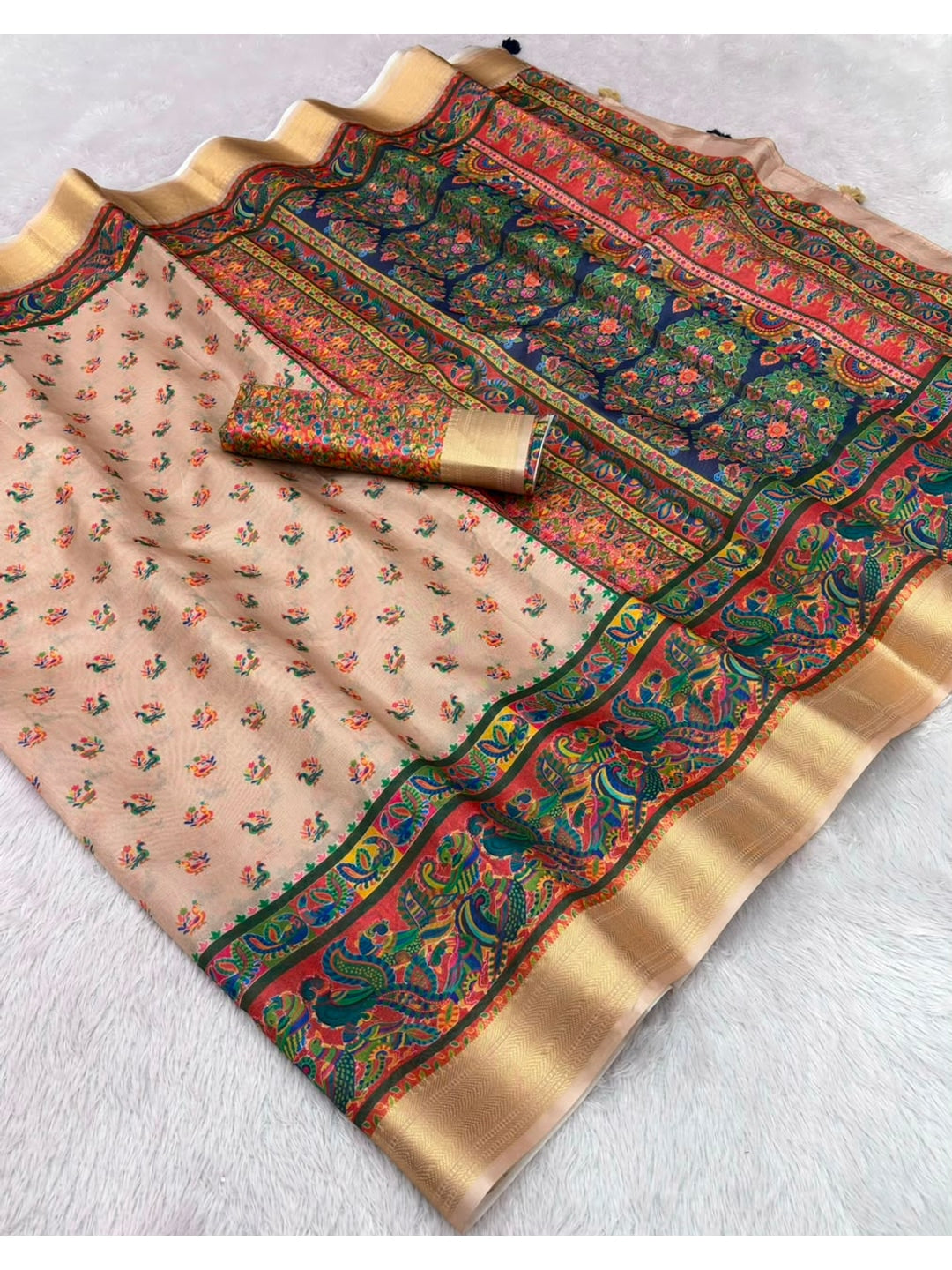 Peachmode Beige Dola Silk Position Digital Print Saree - Image 5