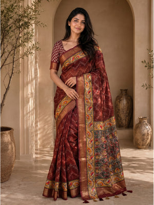 Peachmode Maroon Dola Silk Position Digital Print Saree - Image 1
