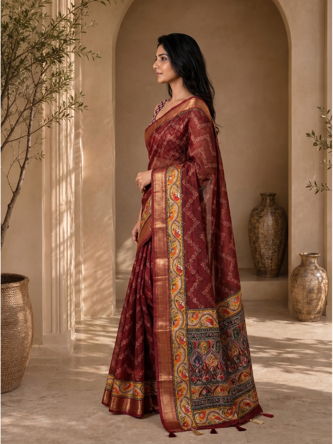 Peachmode Maroon Dola Silk Position Digital Print Saree - Image 3