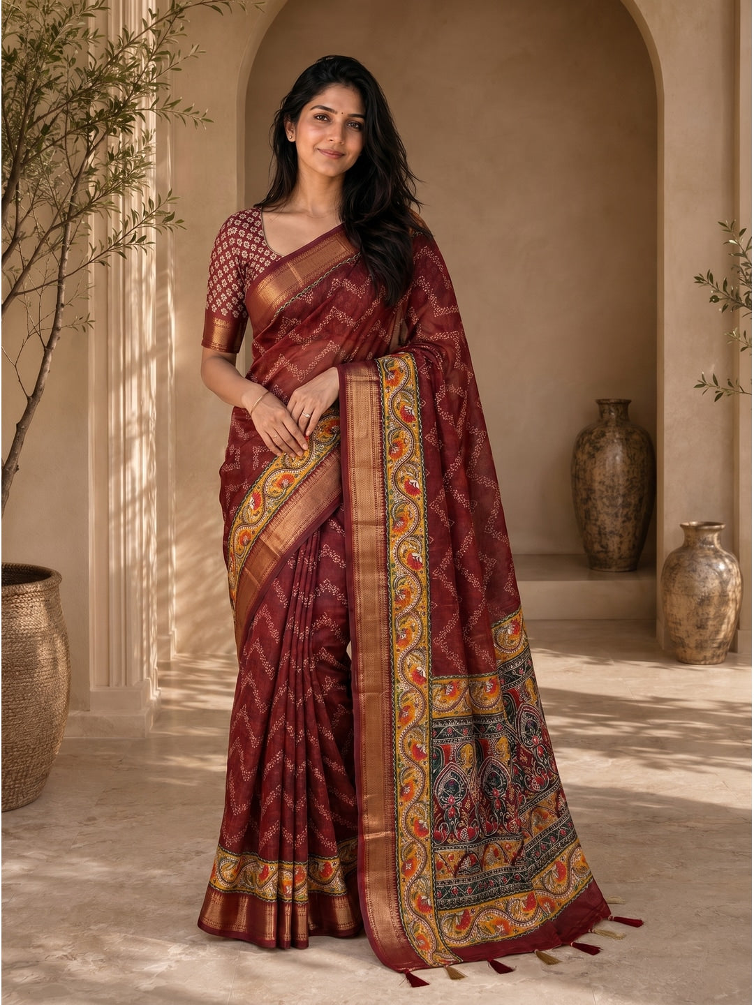 Peachmode Maroon Dola Silk Position Digital Print Saree - Image 4
