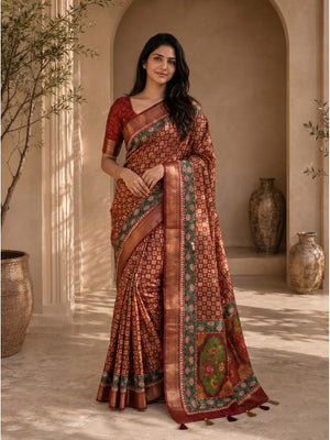 Peachmode Red Dola Silk Position Digital Print Saree - Image 1