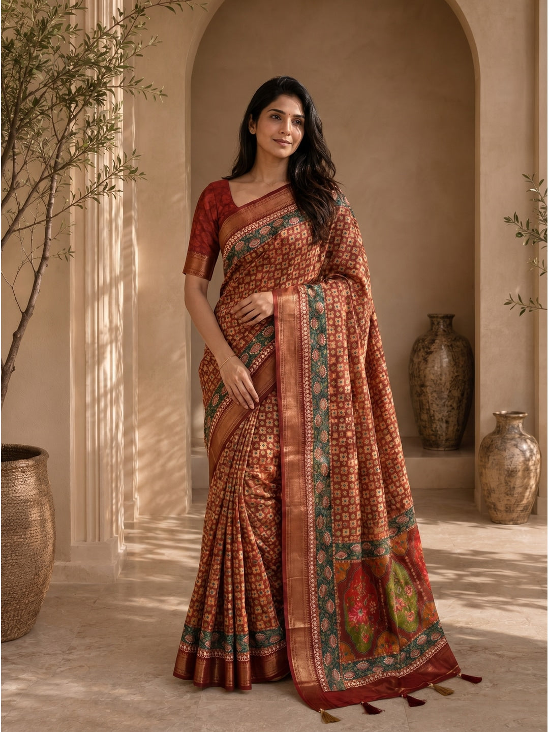 Peachmode Red Dola Silk Position Digital Print Saree - Image 3