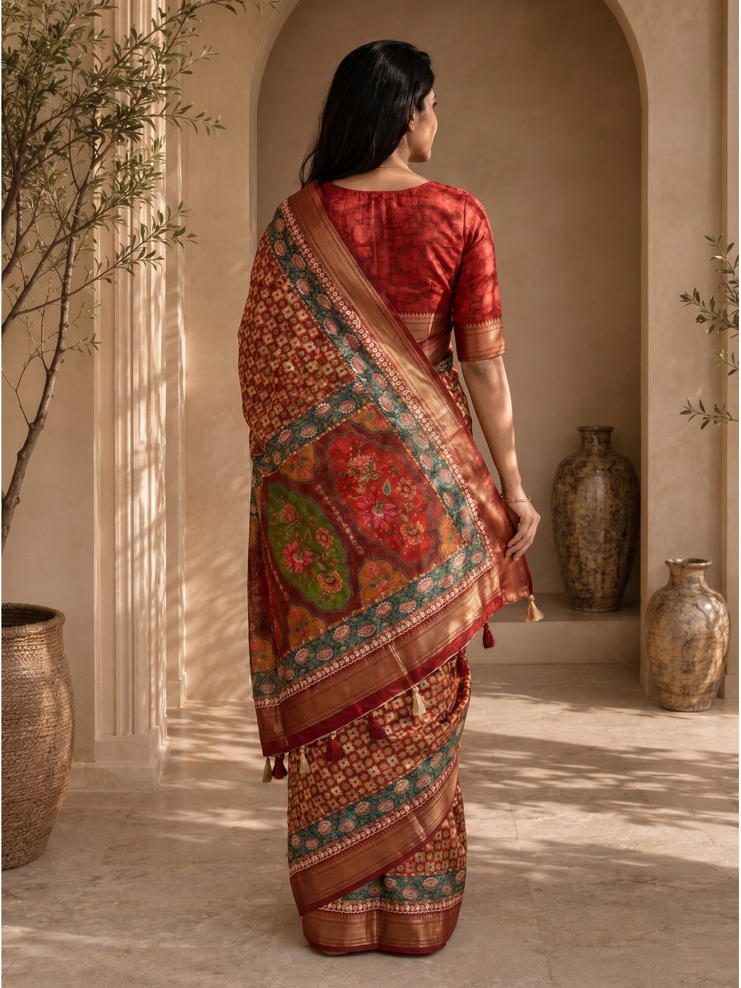 Peachmode Red Dola Silk Position Digital Print Saree - Image 4