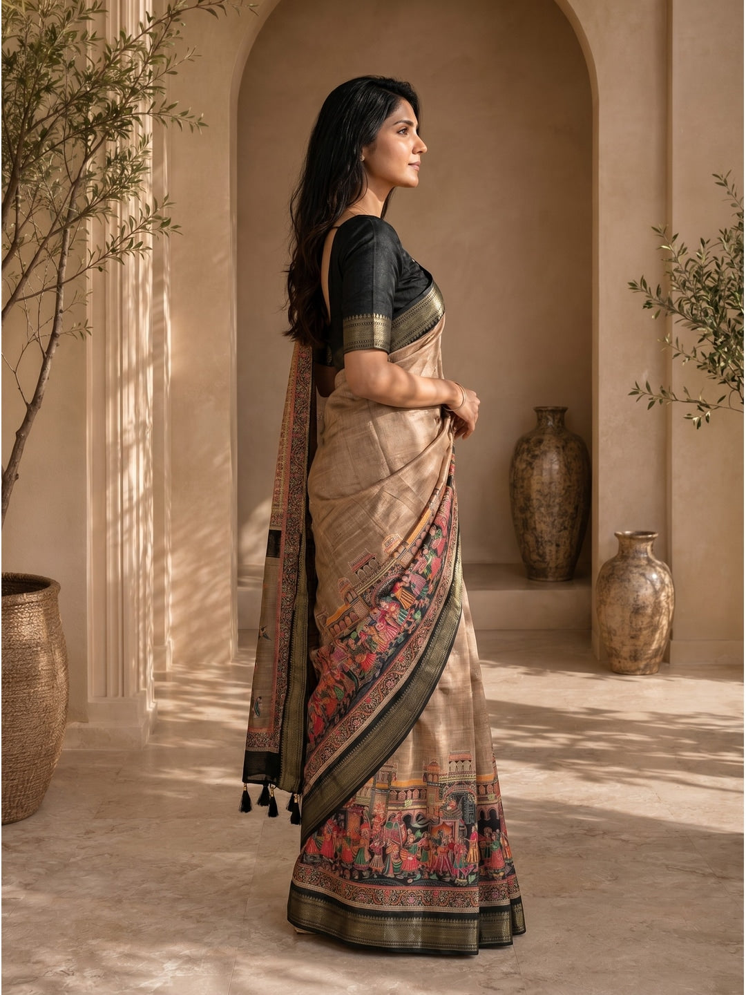 Peachmode Beige Dola Silk Position Digital Print Saree - Image 2