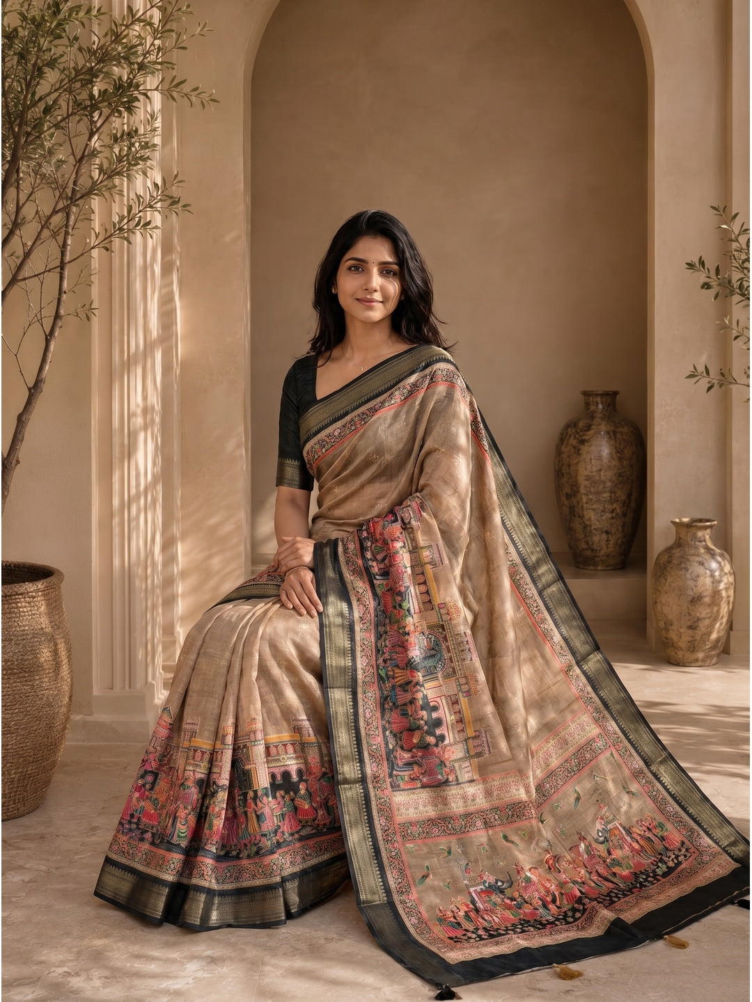 Peachmode Beige Dola Silk Position Digital Print Saree - Image 4