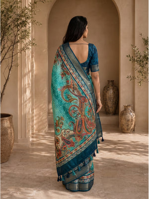 Peachmode Turquoise Dola Silk Position Digital Print Saree - Image 2