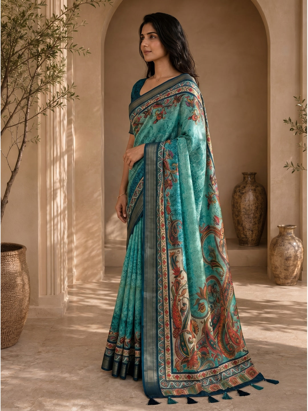 Peachmode Turquoise Dola Silk Position Digital Print Saree - Image 4