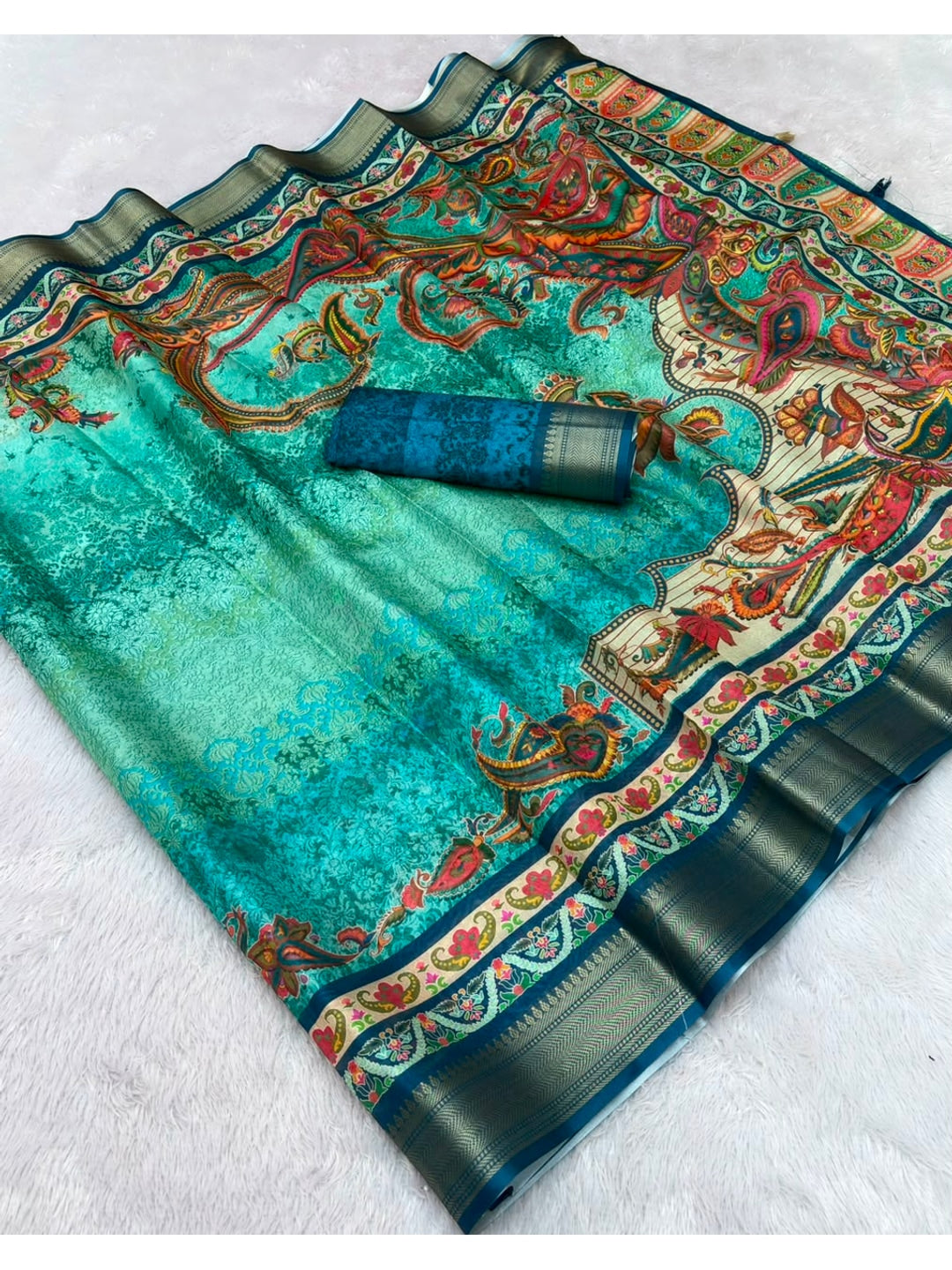 Peachmode Turquoise Dola Silk Position Digital Print Saree - Image 5