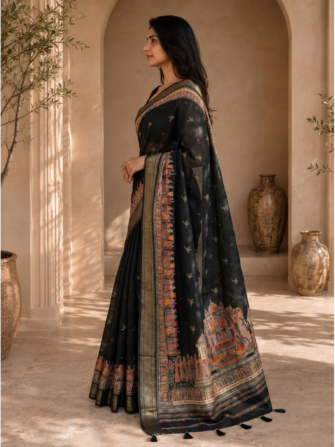 Peachmode Black Dola Silk Position Digital Print Saree - Image 2