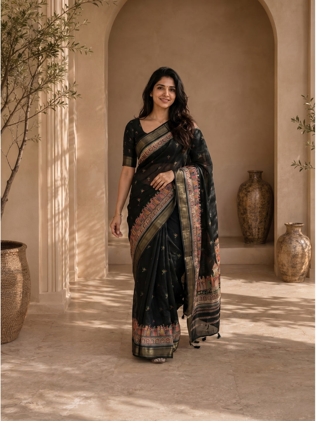 Peachmode Black Dola Silk Position Digital Print Saree - Image 3
