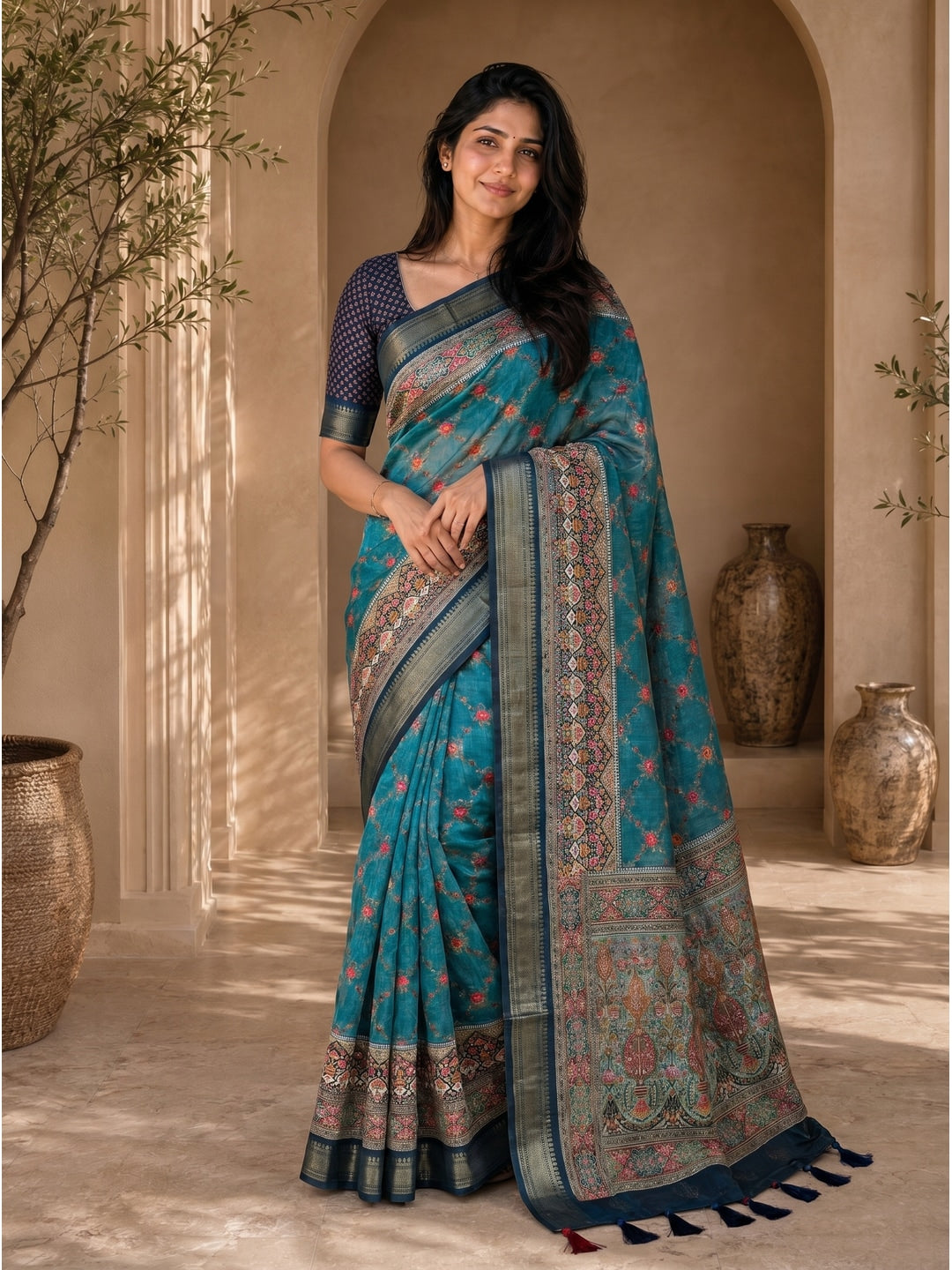 Peachmode Teal Dola Silk Position Digital Print Saree - Image 1