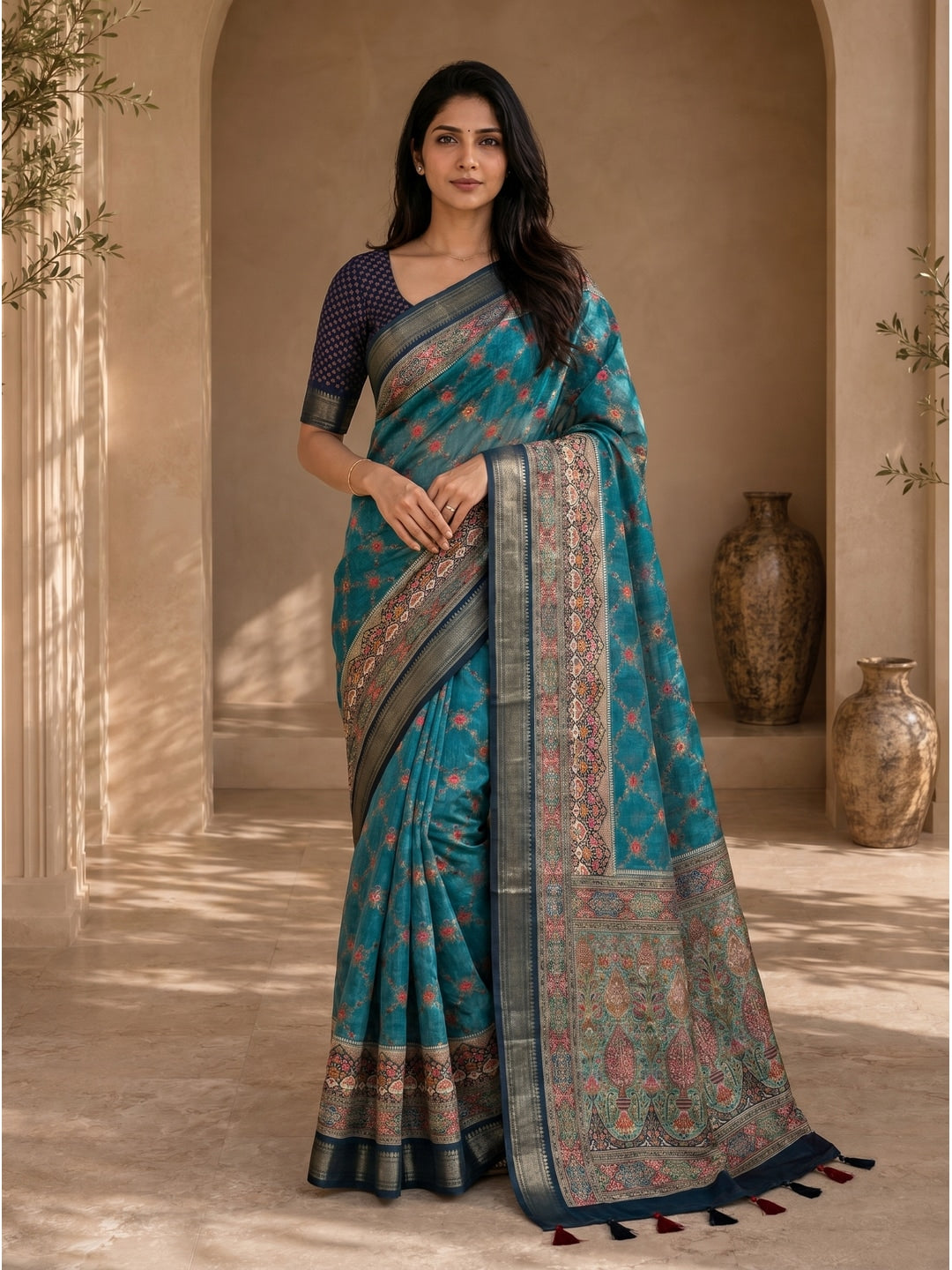 Peachmode Teal Dola Silk Position Digital Print Saree - Image 2