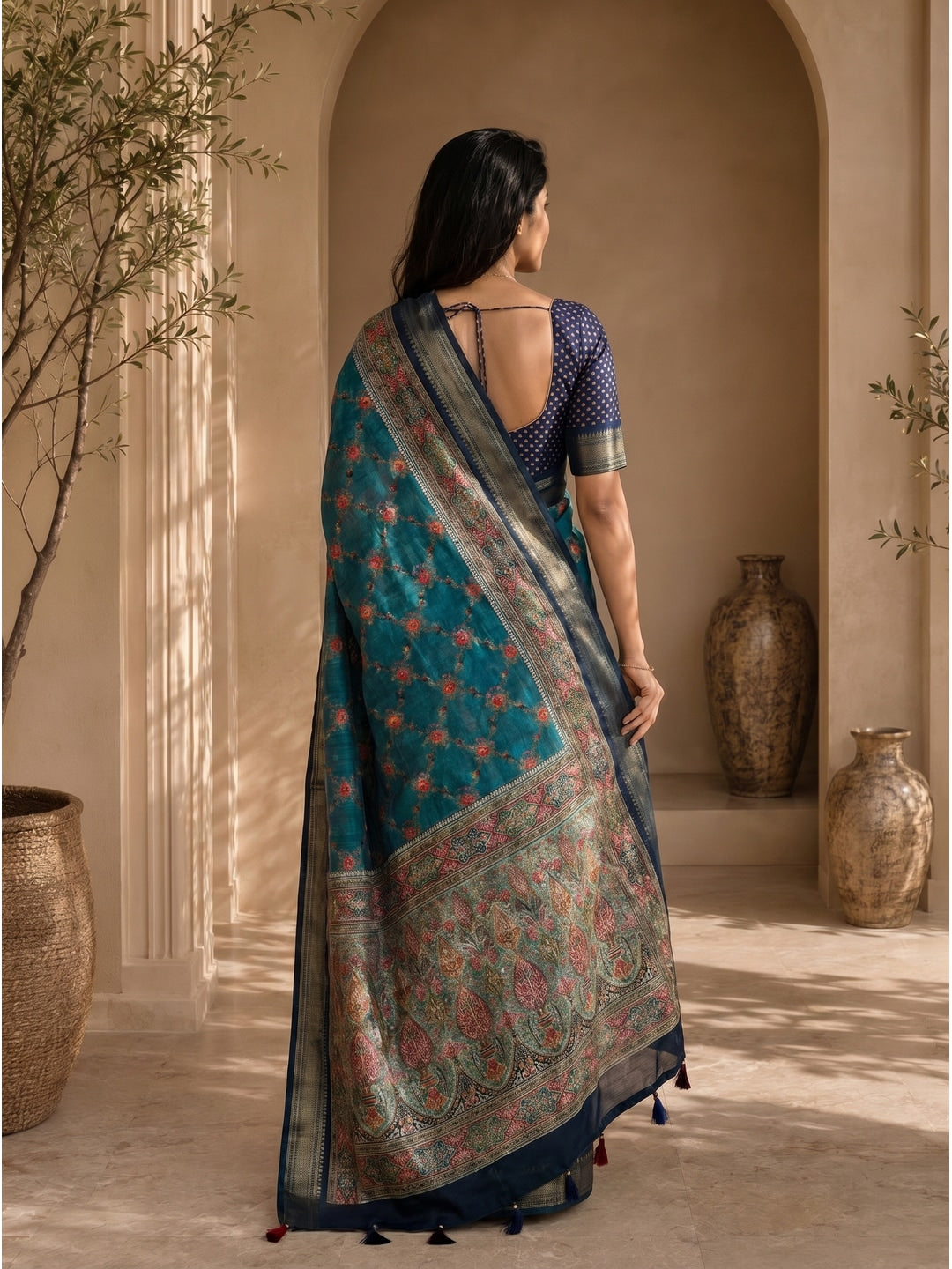 Peachmode Teal Dola Silk Position Digital Print Saree - Image 3