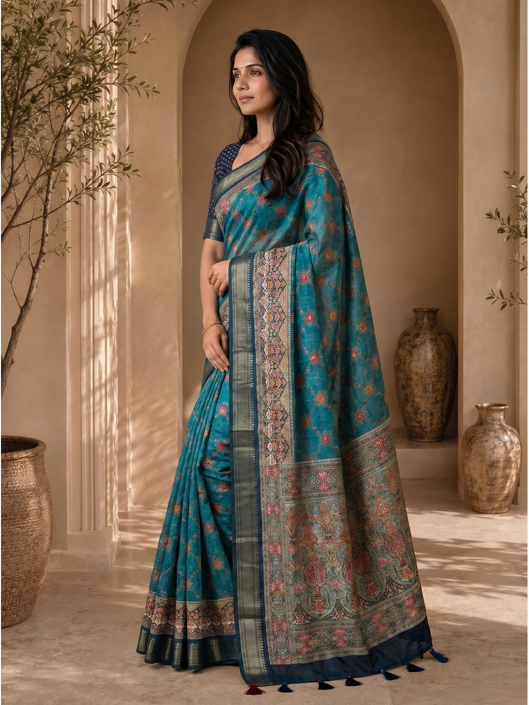 Peachmode Teal Dola Silk Position Digital Print Saree - Image 4