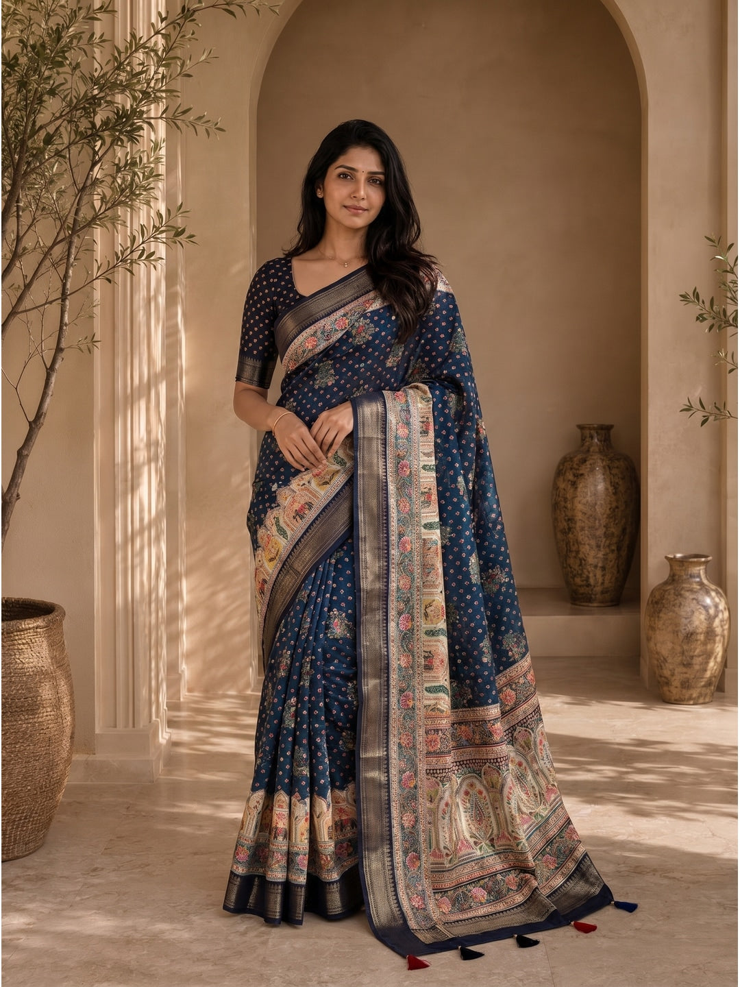 Peachmode Blue Dola Silk Position Digital Print Saree - Image 4