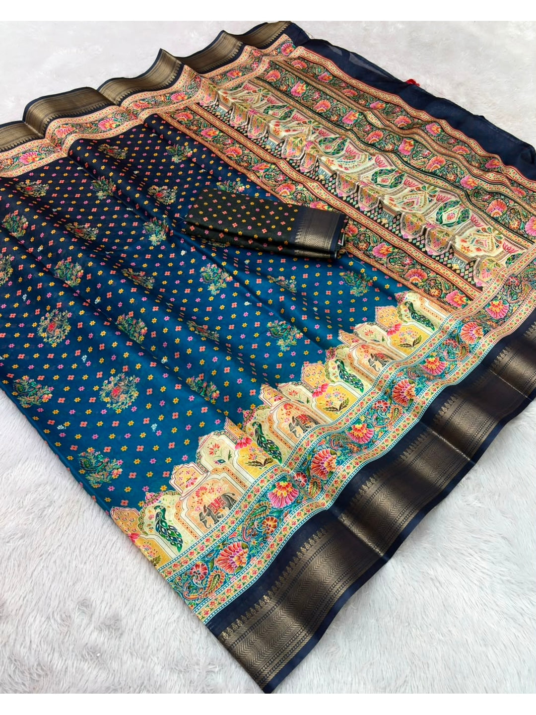 Peachmode Blue Dola Silk Position Digital Print Saree - Image 5