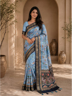 Peachmode Sky Blue Dola Silk Position Digital Print Saree - Image 1