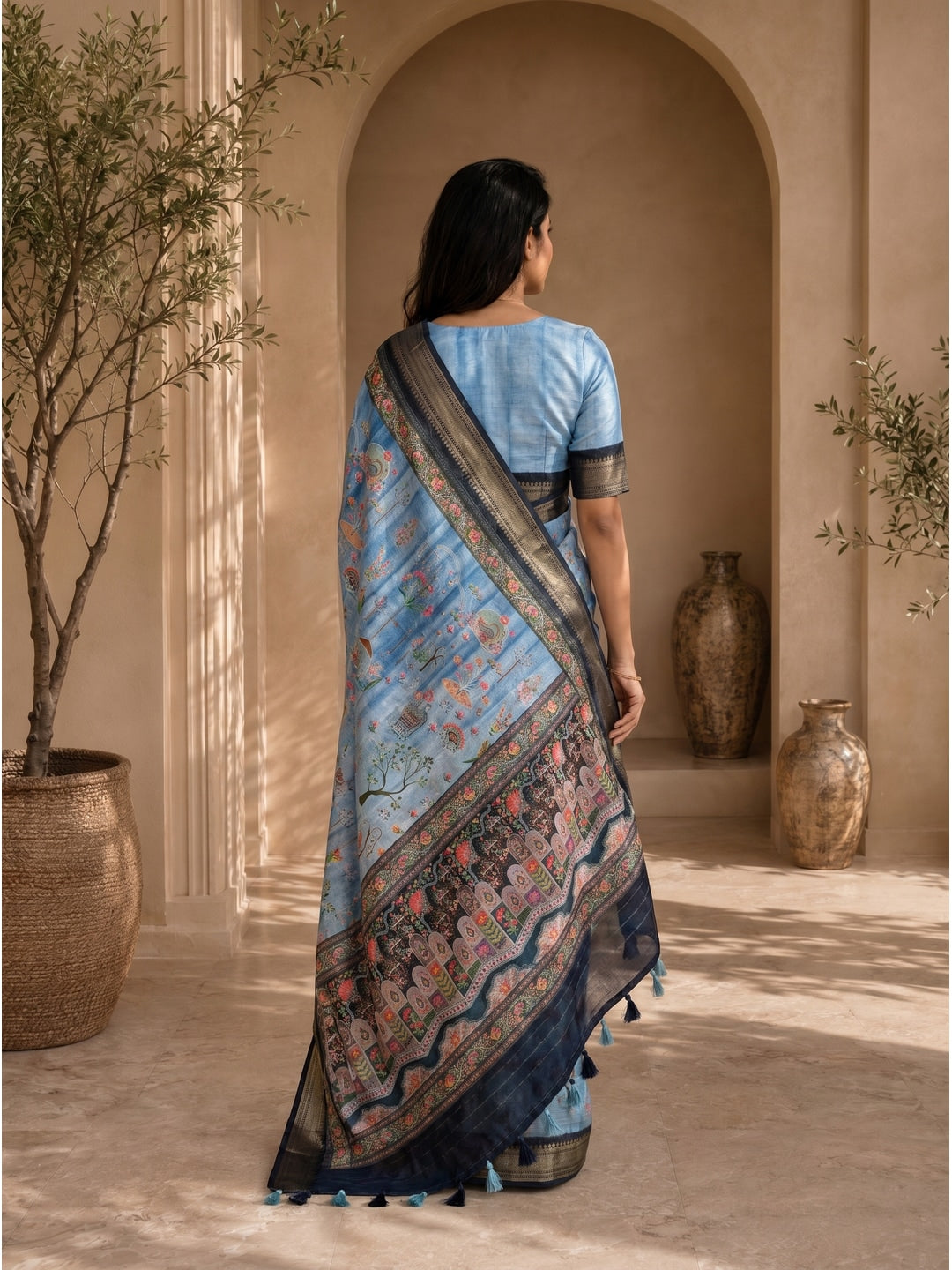 Peachmode Sky Blue Dola Silk Position Digital Print Saree - Image 2
