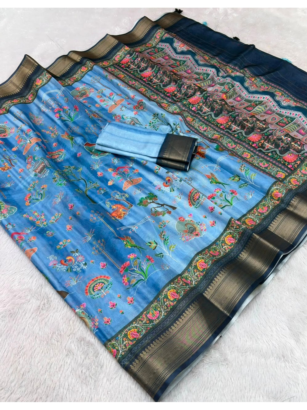 Peachmode Sky Blue Dola Silk Position Digital Print Saree - Image 5
