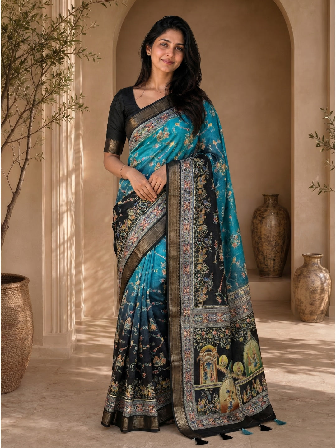 Peachmode Green Dola Silk Position Digital Print Saree - Image 1