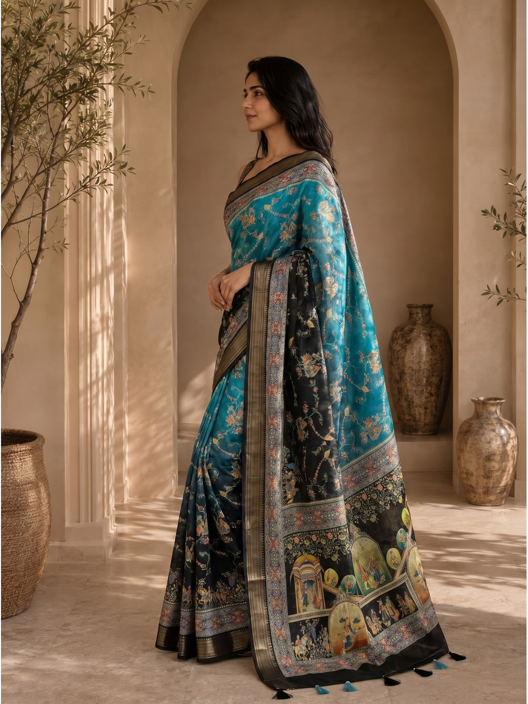 Peachmode Green Dola Silk Position Digital Print Saree - Image 3