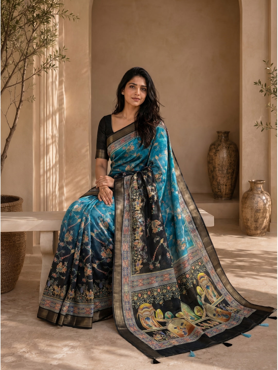 Peachmode Green Dola Silk Position Digital Print Saree - Image 4
