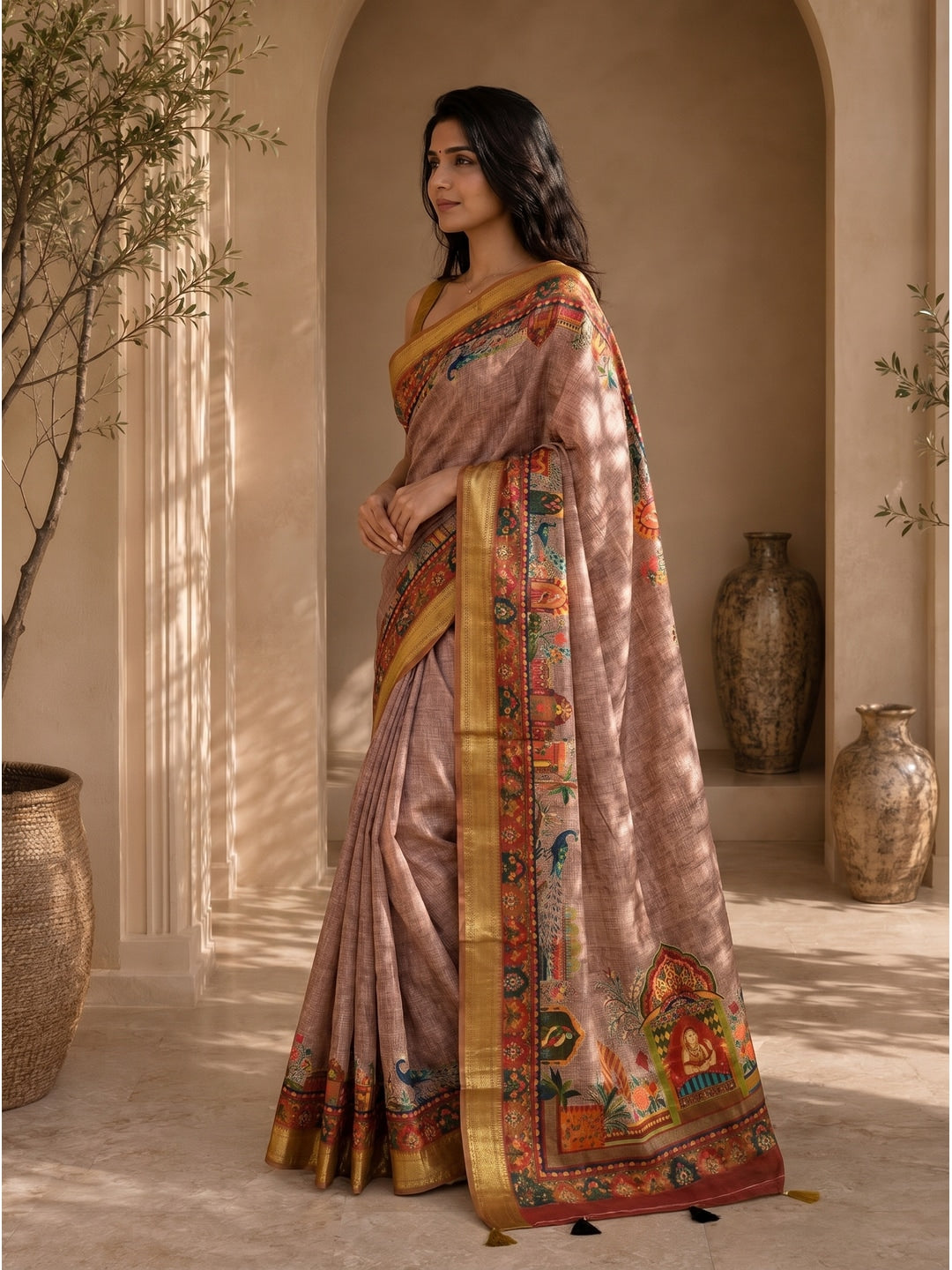 Peachmode Mustard Dola Silk Position Digital Print Saree - Image 4