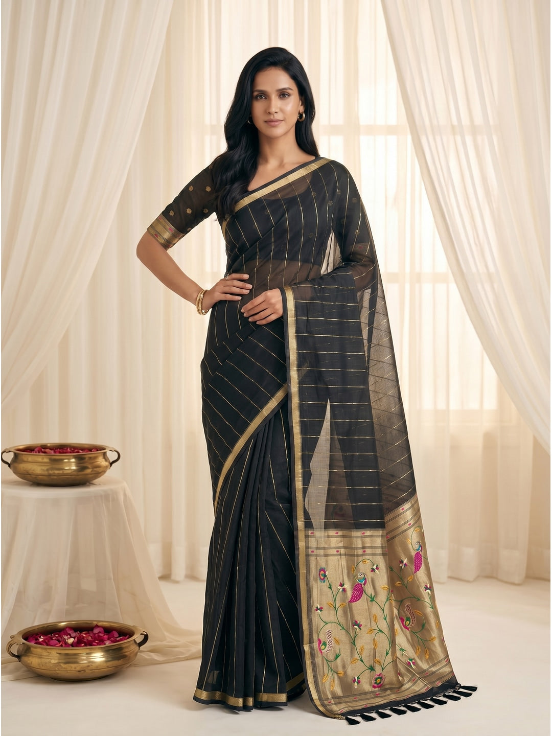 Peachmode Black Paithani Muga Silk Zari Weave Saree - Image 2