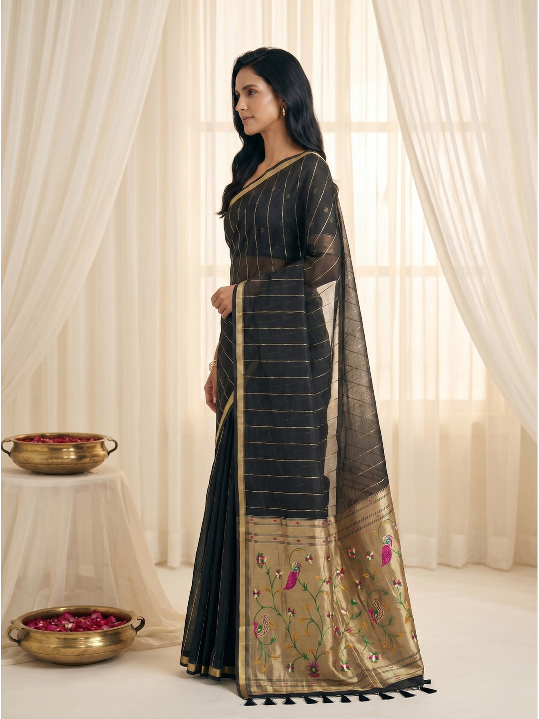 Peachmode Black Paithani Muga Silk Zari Weave Saree - Image 3