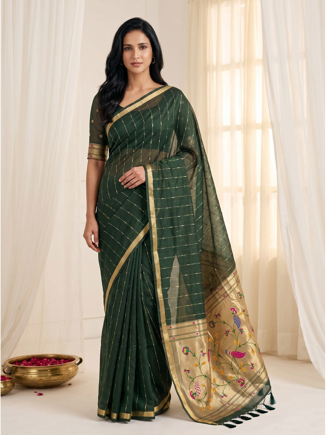 Peachmode Green Paithani Muga Silk Zari Weave Saree - Image 1