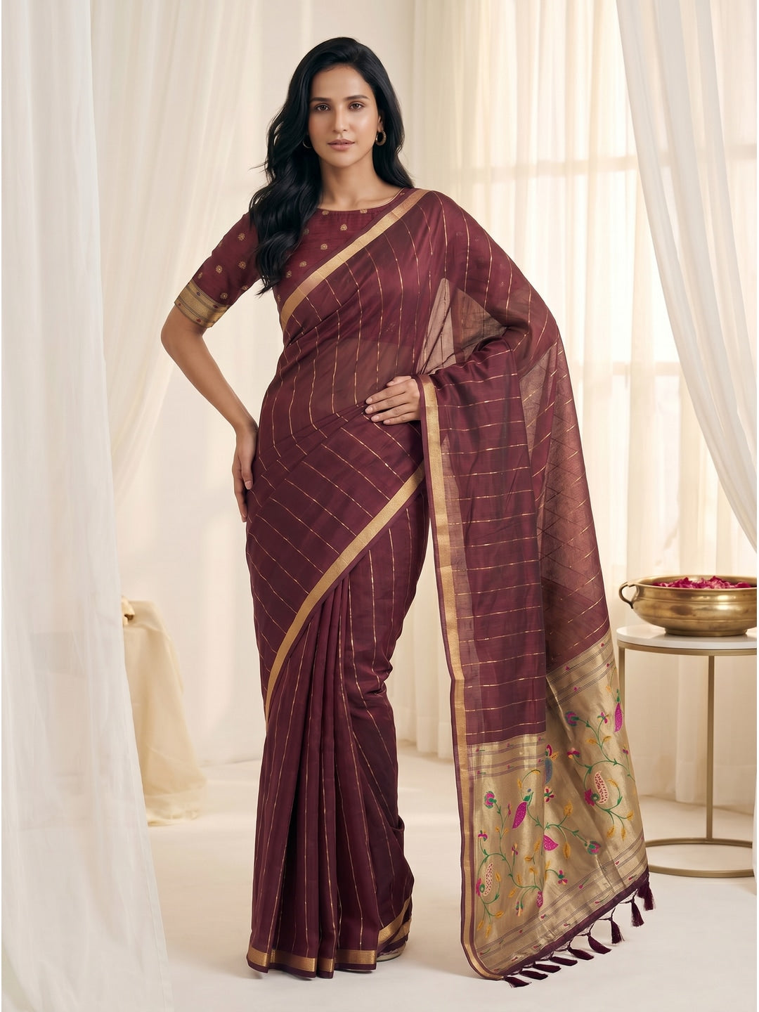 Peachmode Maroon Paithani Muga Silk Zari Weave Saree - Image 2