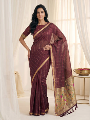 Peachmode Maroon Paithani Muga Silk Zari Weave Saree - Image 2