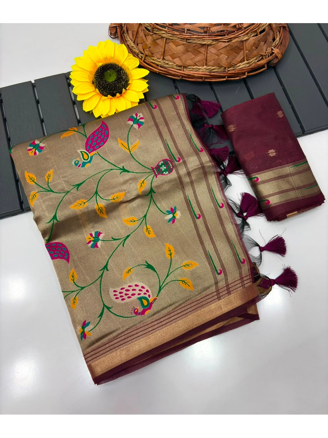 Peachmode Maroon Paithani Muga Silk Zari Weave Saree - Image 5