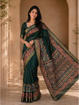 Peachmode Green Dola Silk Position Digital Print Saree - Image 1
