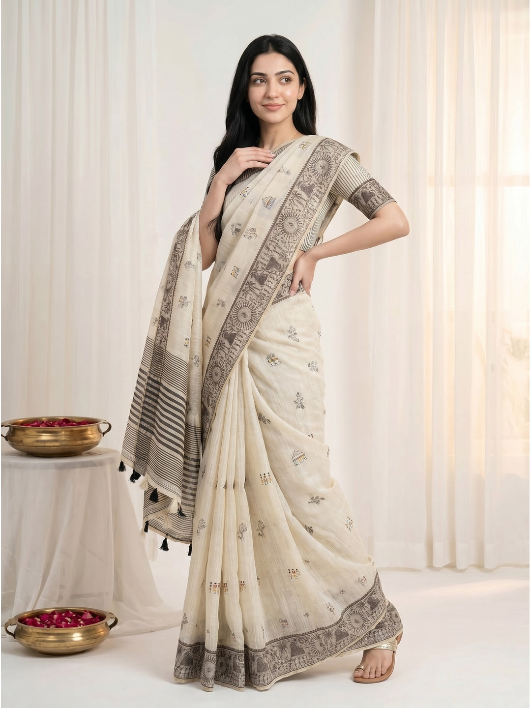 Peachmode Cream & Coffee Muga Silk Warli Weave Border Saree - Image 2