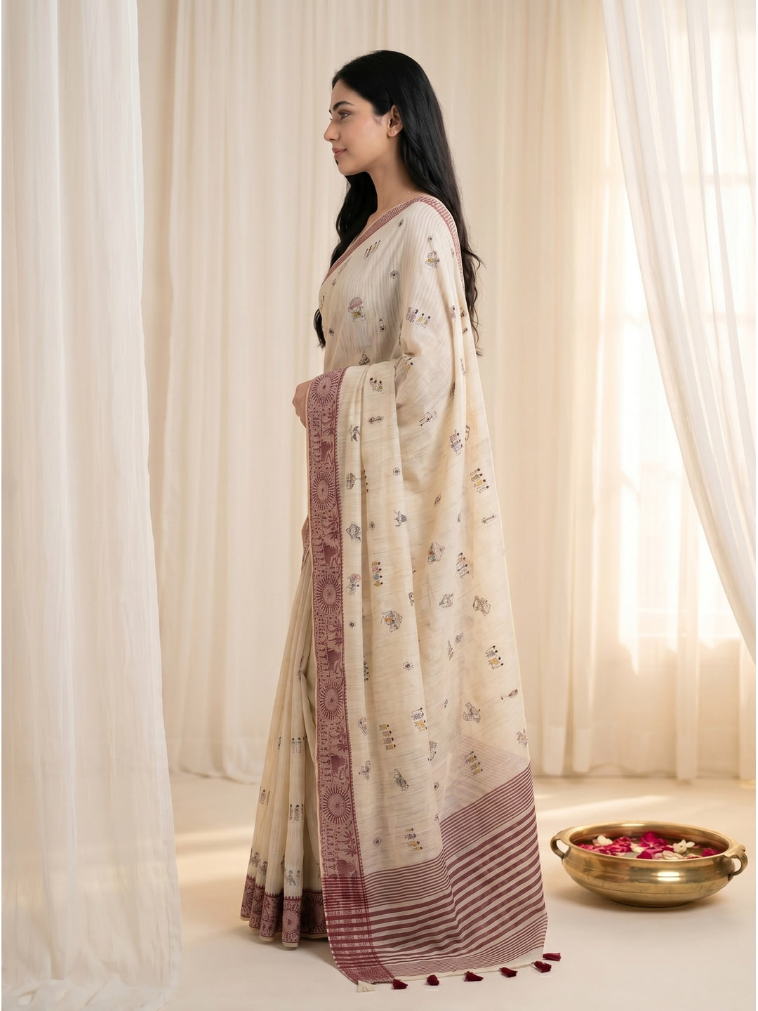 Peachmode Cream & Red Muga Silk Warli Weave Border Saree - Image 3
