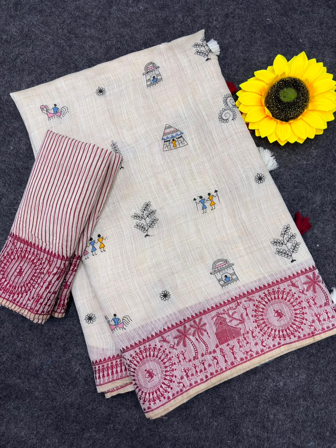 Peachmode Cream & Red Muga Silk Warli Weave Border Saree - Image 5