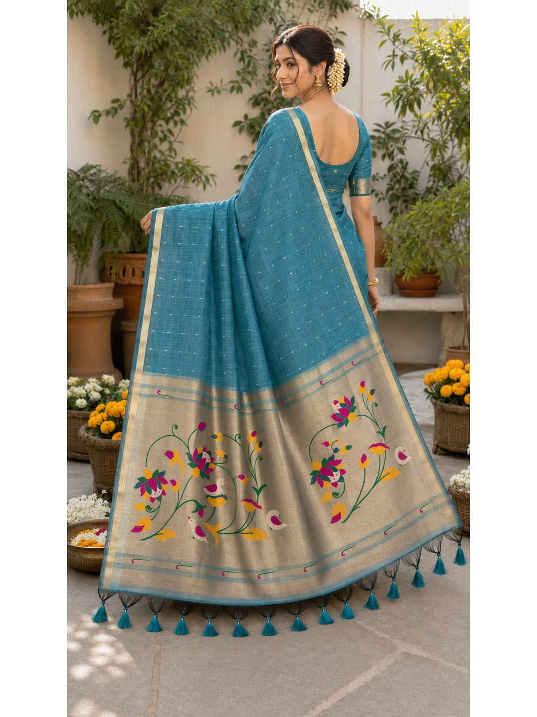 Peachmode Blue Paithani Muga Silk Zari Weave Saree - Image 4