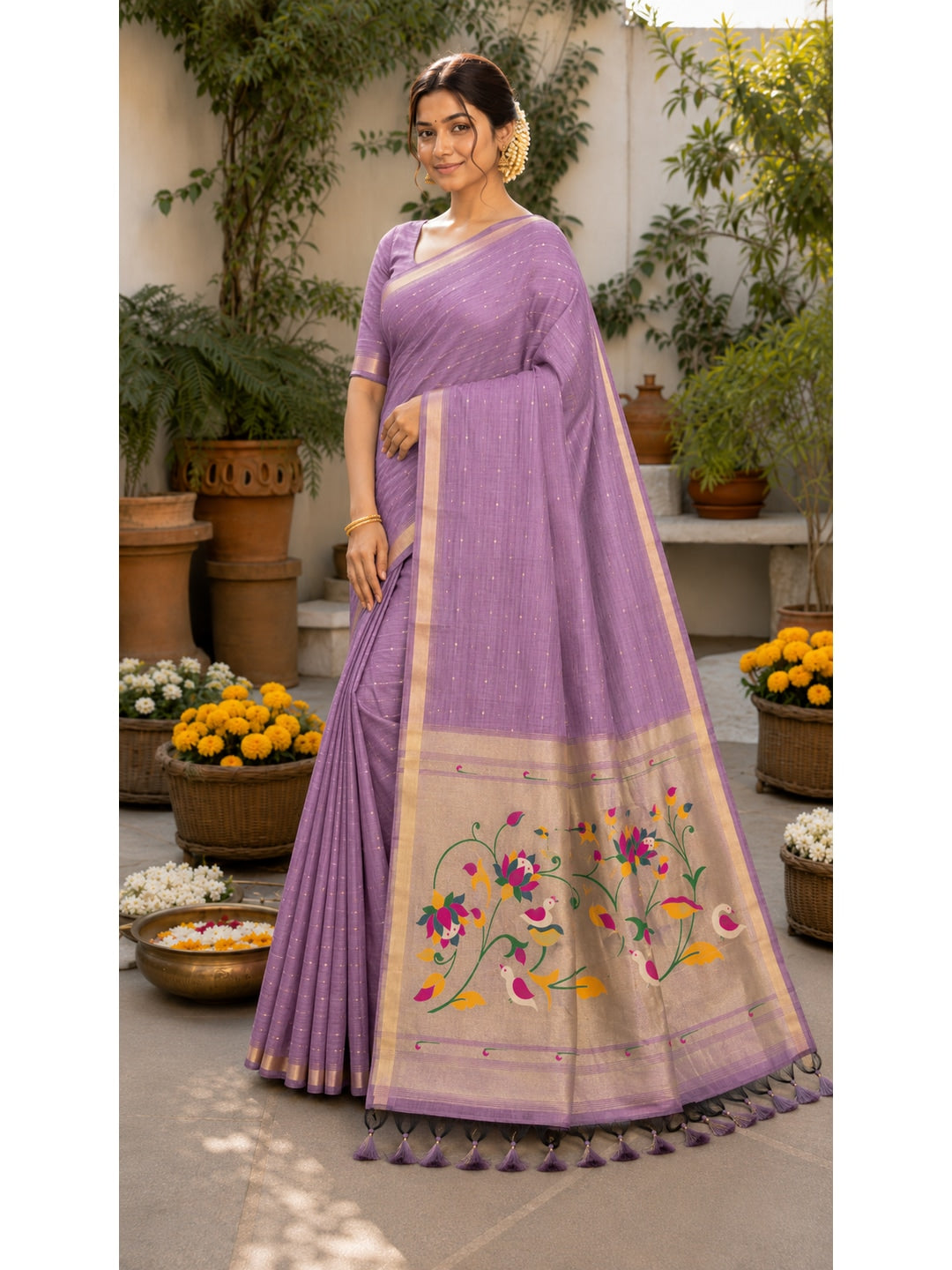 Peachmode Onion Pink Paithani Muga Silk Zari Weave Saree - Image 1